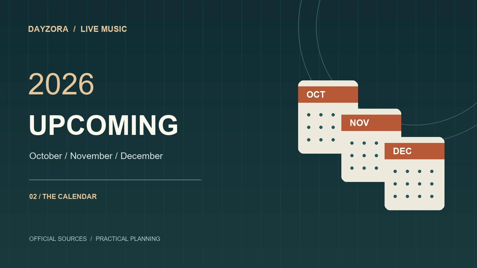 Upcoming Concerts 2026: Biggest Tours, Dates, Artists & Tickets 2 Original DayZora October, November and December calendar illustration for upcoming concerts in 2026