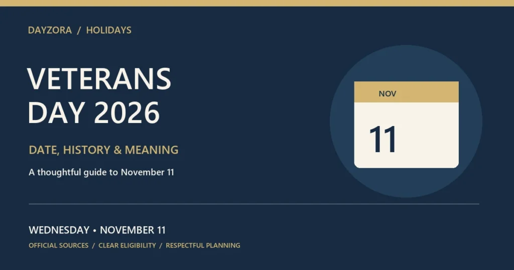 Veterans Day 2026 calendar illustration showing Wednesday, November 11