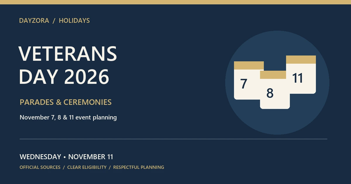 Veterans Day events calendar illustrating November 7, 8 and 11 observances
